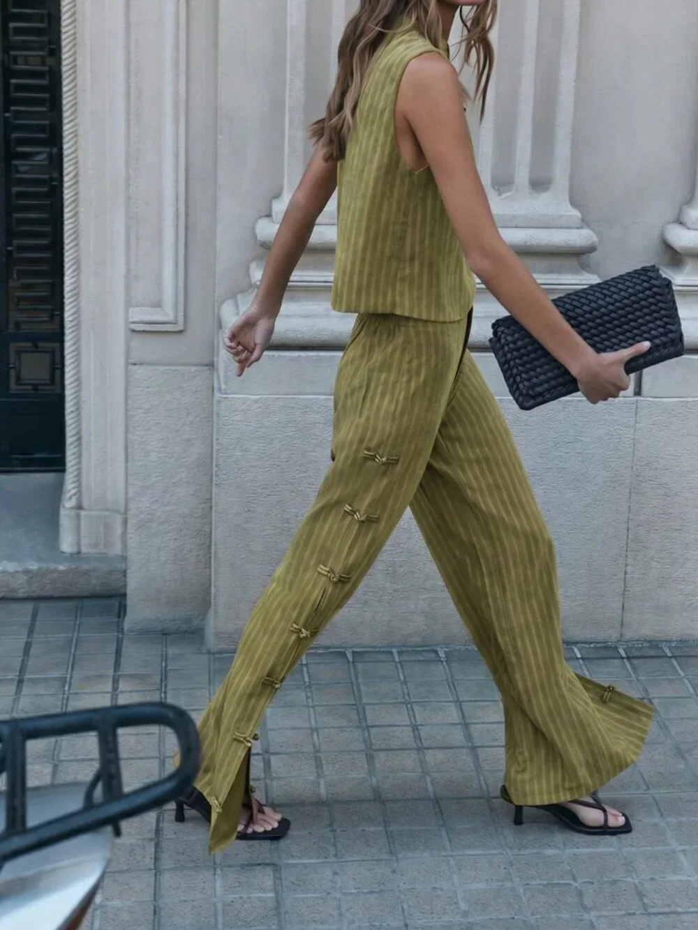 Green Casual Women's Sleeveless Vest And Wide-Leg Pants Set